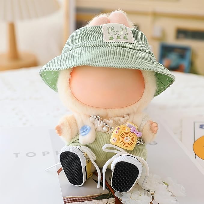 Clothes for Dolls Accessories (No Doll), Cute Outfit Set 5 Pieces Bib Pants for 15 & 17cm Doll Suit, Stylish Dress Up Overalls Doll Clothing Set Replacement with Hat Clothes Shoes Green