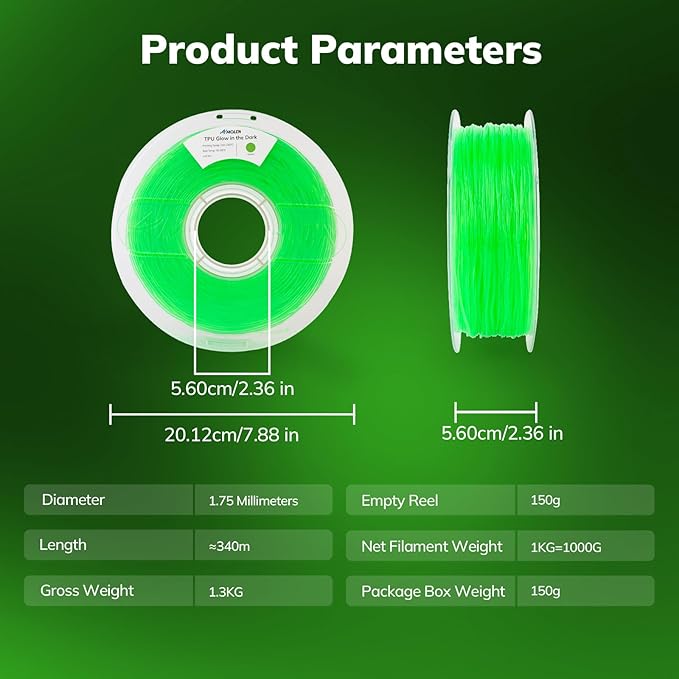 AMOLEN 95A TPU 3D Printer Filament, 1.75mm Glow in The Dark Green, Soft TPU Flexible 3D Printing Filament, High Hardness & Resilience, Best with UV Lamps, 1kg Spool(2.2lbs), Fit Most 3D Printers