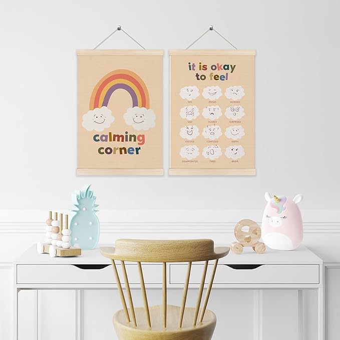 Koesus Calming Corner Posters for Kids, Emotional Chart Wall Art Poster Hanger Frame 12x16 Inch Set of 2, Boho Mental Health Canvas Pictures Prints Framed Wall Decor for Classroom