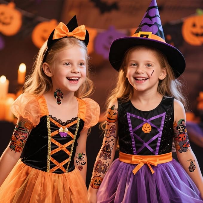 Halloween Temporary Tattoos for Kids, 52 Sheets Full Arm Sleeve Halloween Fake Tattoos for Boys and Girls, Ghost Pumpkin Witch Pattern for Halloween Party Favors