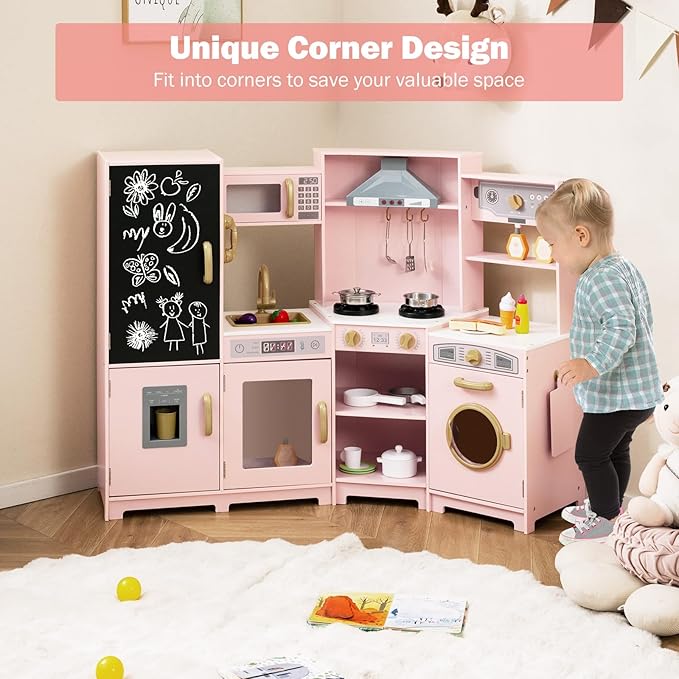 GLACER Corner Wooden Play Kitchen for Kids, Large Pretend Play Kitchen Playset with Sound, Light, Chalkboard, Microwave, Ice Maker, Washing Machine, Accessories, Toy Kitchen Set for Ages 3+ (Pink)