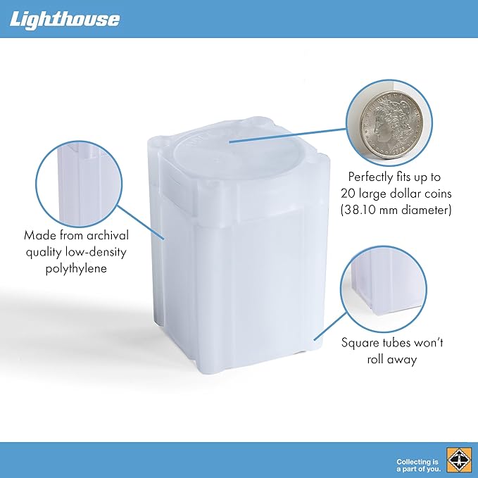 LIGHTHOUSE - Square Coin Tubes - Convenient Push Top, Virtually Unbreakable, Acid Free and Archival Quality - Coin Tubes for US Large Dollars, 50 Pack