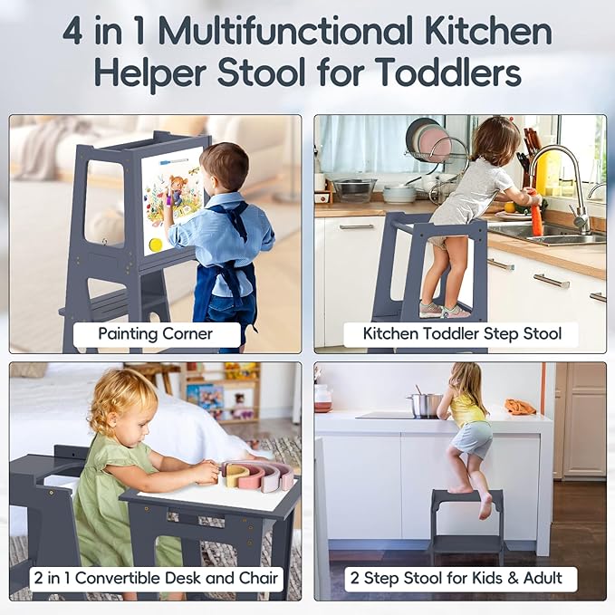 4 in 1 Toddler Step Stool Tower, Foldable Learning Standing Tower with Whiteboard 2 in 1 Convertible Table and Chair, Removable Safety Rail, Widened Platforms for Kitchen Counter Bathroom Sink