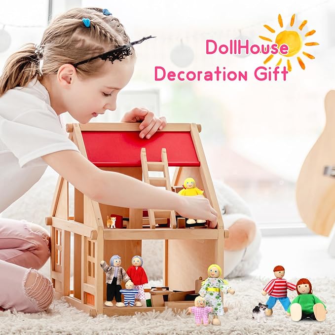 Skylety 10 Pcs Wooden Dollhouse Set of Mini People Figures Dollhouse Dolls Wooden Doll Play Figures Accessories(Bright Style)