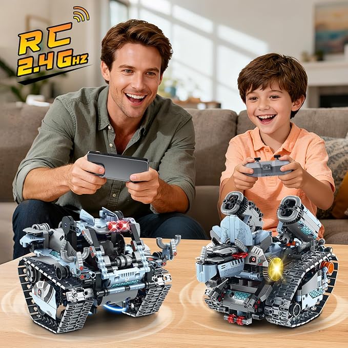 Robot Building Toy with Lights, 5 in 1 Robotic Building Set with APP & Remote Control, RC Tech Tracked Tank Car Fighter Jet Model Kit 795 PCS, Educational Gift for Kids Boys Girls Ages 14+