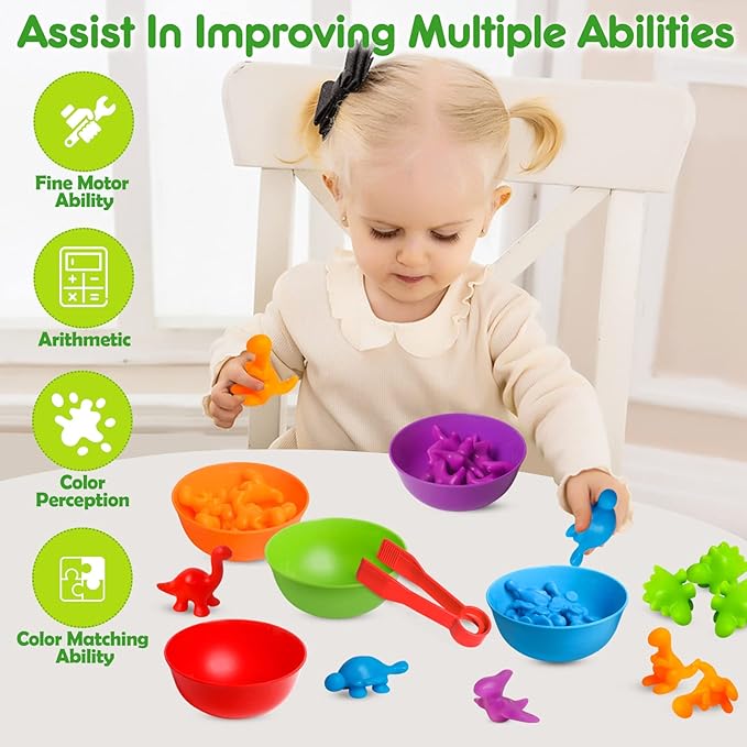 Counting Dinosaur Toys Matching Games with Sorting Bowls Sorting Toy for Toddlers Preschool Learning Activities for Math Color Sensory Montessori Fine Motor Skills for 3 4 5 Years Old Boys Girls