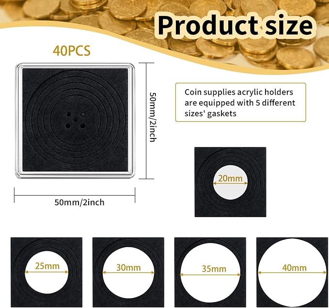 40 Pcs Adjustable Acrylic Coin Collection Cases with Sponges, Coin Snap Holder, Silver Dollar Protection Cases for Collectors, Coin Dollar Collection Supplies(20mm-40mm)
