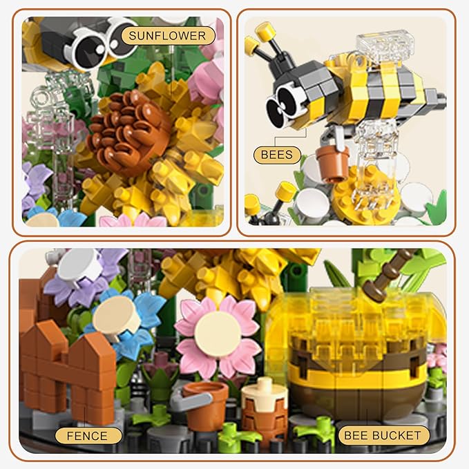 Flower Bouquet Building Set for Adult,Mini Plant Bonsai Tree Friend Set,Botanical Collection Gift for Kids,Office Home Decor Building Block, New Year Birthday Gift for Women Boys Girls(Bee)