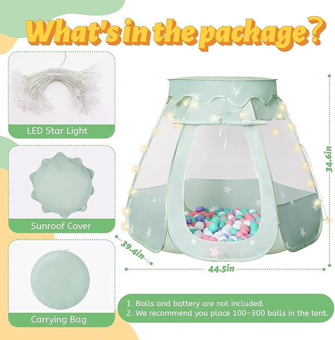 Pop Up Play Tent with Star Light：Neutral Toy for Boy Girl Birthday Gifts, Portable Ball Pit with Outdoor Carry Bag, Collapsible Kids Tent for Toddler Indoor Activity Playhouse,NO Balls(Green)