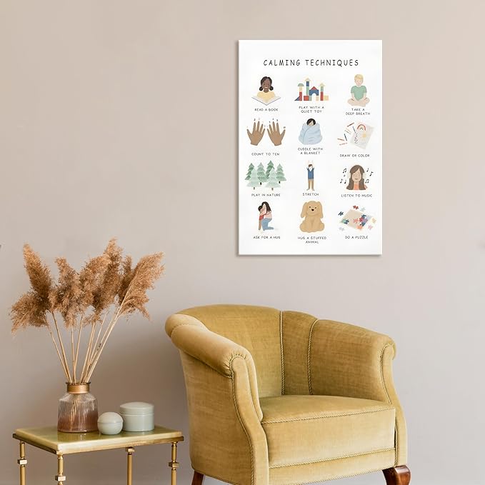 Feelings Calming Techniques Canvas Wall Art Calming Corner Classroom Mental health Posters Boho Emotions Chart for Kids Prints Special Education Wall Decor for Office School 16x24in Framed