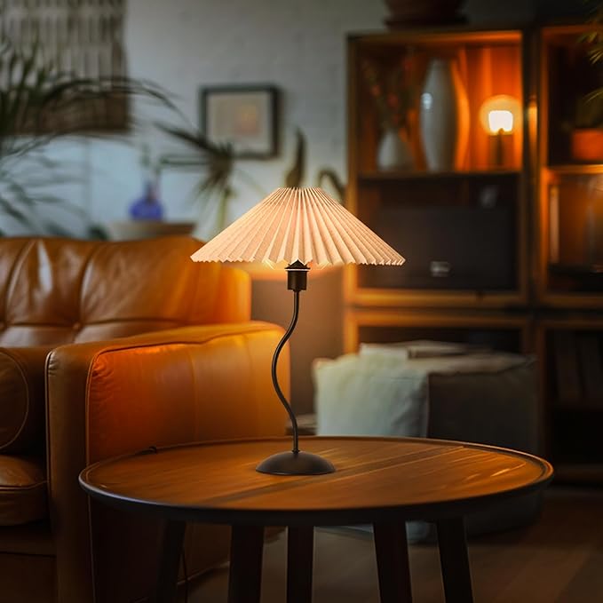 KUNJOULAM Small Pleated Table Lamp, Bedside Nightstand Lamp with Beige Lampshade Black Base, Morden Mini Lamp for Bedroom Home Office Decor, E12 Bulb Included