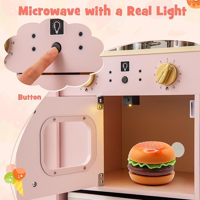 Costzon Kids Kitchen Playset, Wooden Pretend Play Kitchen w/Real Lights & Sounds, Chalkboard, Microwave, Ice Maker, Dishwasher, Sink, Cookware Accessories, Play Kitchen for Kids Ages 3+ (Pink)