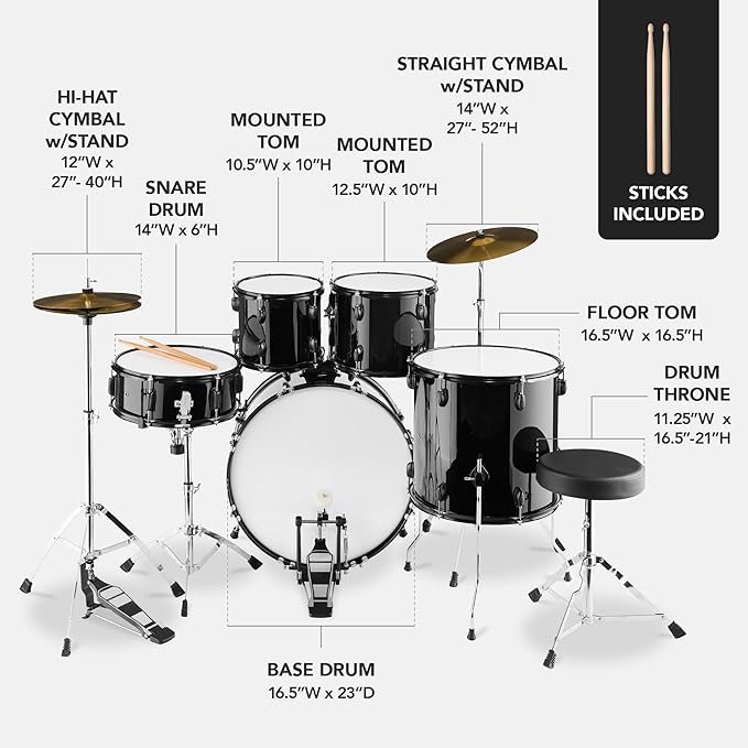 Best Choice Products 5-Piece Full Size Complete Adult Drum Set w/Cymbal Stands, Stool, Drum Pedal, Sticks, Floor Tom - Black