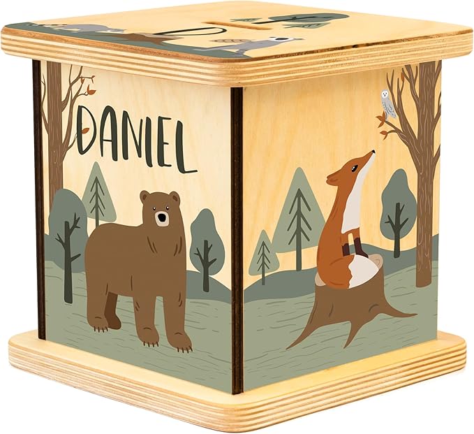 Wooden Piggy Bank for Kids and Adults, Personalized Gift Handmade in USA by BloomOwl, Custom Piggy Bank, Personalized Banks for Kids, Gifts for Baby Boys and Girls (Woodland)