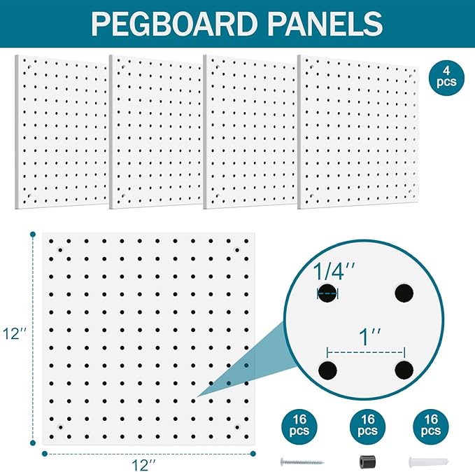 Peg Board Kit, Includes Pegboard and Accessories,with Hooks and Bins,Peg Board Wall Organizer for Office,Ornaments Display,Crafts Organization (66, White)