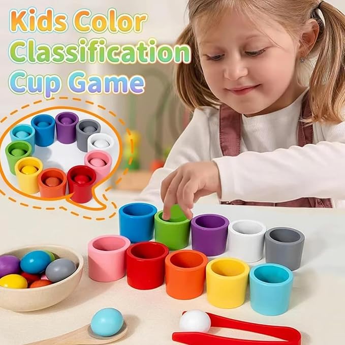 Rainbow Balls in Cups Toddler Toys, Kids Color Classification Cup Game, 10 Color Classification Beads, Wooden Colors Sorting Toy with 10 Ball, Learning Colors Sorting and Counting(12 Color)