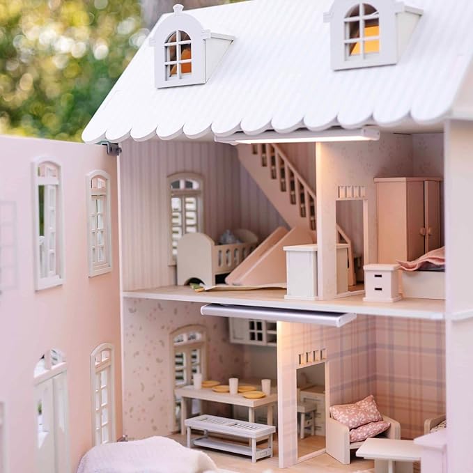 Wooden Dollhouse - 55+ Pieces Furniture and Accessories - Large 3-Story Wooden Doll House with Modern Decor
