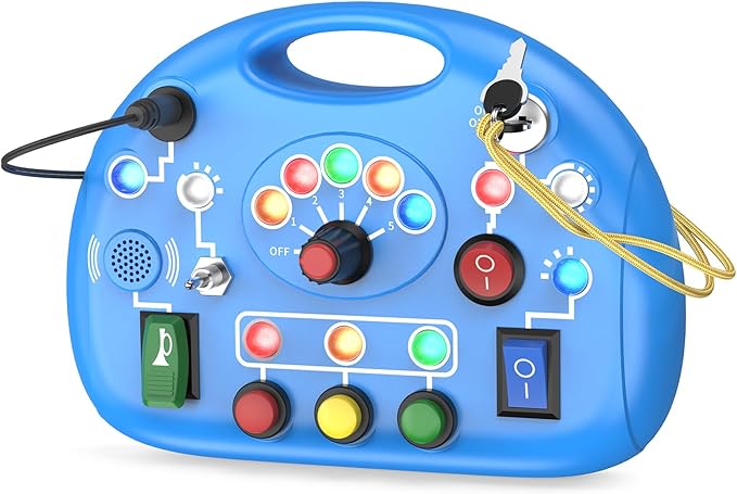 Busy Board with LED Light, Montessori Busy Board for 1+ Year Old, Sensory Toys for Toddlers 1-3, Fidget Board Travel Toys for Kids Preschool Learning Activities Boys Birthday (Blue)