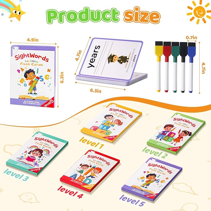Big Size Sight Words Flash Card Kindergarten, 250 Dolch Sight Word Game with 5 Levels, Preschool Toddler Flash Card for Writing Reading Spelling Game, Educational Learning Toy for Kid Age 3+