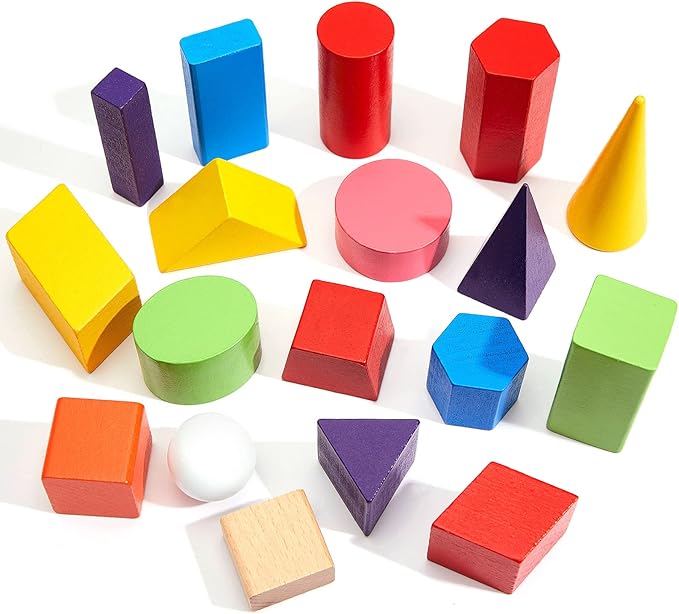 Deekin 18 Pcs Large 3D Shapes for Teaching Math Manipulatives Geometric Solids Blocks Montessori Learning Toys Blocks Solid for Preschool Elementary Kindergarten Home School Supplies (Wooden Shape)