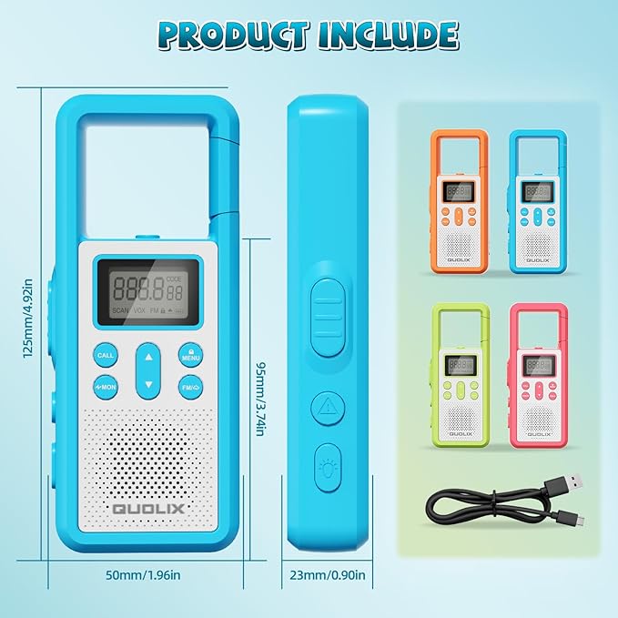 QUOLIX Walkie Talkies for Kids 2 Pack Rechargeable with NOAA & VOX, Kids Walkie Talkies with Long-Lasting Battery Toys for 3-12 Year Old Boys Girls, Durable Outdoor Gifts for Camping, Hiking Games