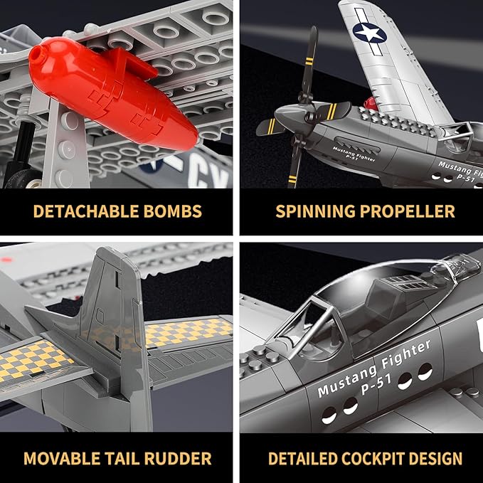 P51 Mustang Fighter Jet Building Set- Compatible with Lego Military Plane, Military Army Airplane for 8-14 Years Boys and Adults as Gifts