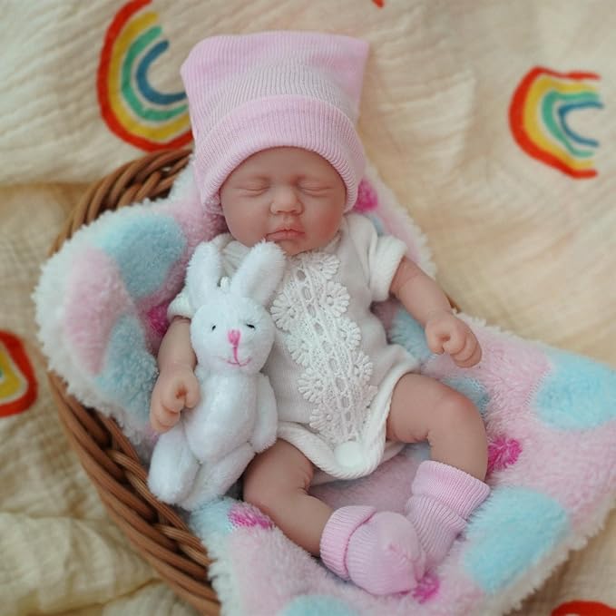 7 inch Full Body Silicone Baby Dolls ，Mini Realistic Newborn Baby Doll Real Life Miniature Baby Doll with Feeding Accessories