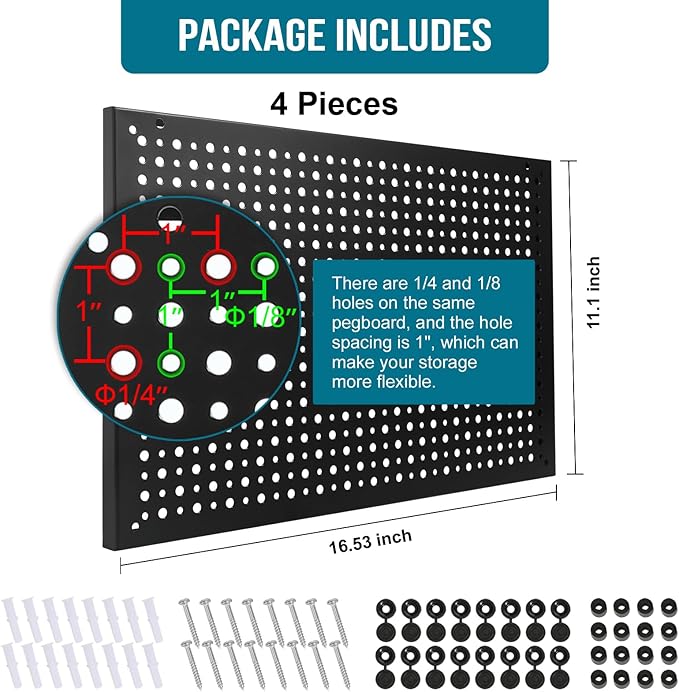 4 Pack Heavy Duty Steel Pegboard Garage Organization Panels,Universal 1/8 and 1/4 Pegboard Accessories,Suitable for Tool Storage,Garage Storage etc. (Black, 16X10.5)