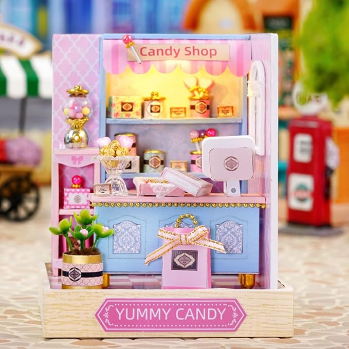 OZJAY DIY Miniature House Kit with Dust Proof Cover, 1:24 Scale Creative Room Mini DIY Wooden Dollhouse Miniature Kit for Adults Teen - Yummy Candy
