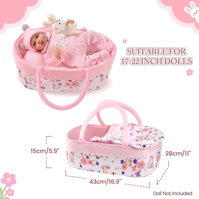BABESIDE 8 Pcs Reborn Baby Doll Clothes with Bassinet for 17-22 Inch Baby Dolls, Baby Dolls Clothes Doll Accessories Set with Bunny Toy for Newborn Baby Dolls Girl (Not Doll)