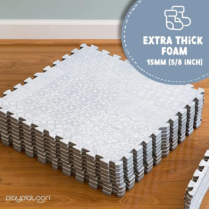 Play Platoon Non-Toxic Extra-Thick Children's Play Mat, 16 Tile - 96 x 96 inch Comfortable Cushiony Foam Floor Puzzle Mat for Kids & Toddlers with 24 x 24 inch Tiles - Grey, Boho Modern