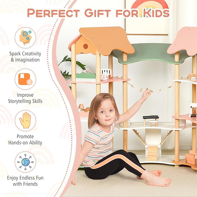 Costzon Wooden Dollhouse for Kids, 3-Story Luxury Doll House with 32 Pieces Furniture Accessories, 7 Rooms, Stairs & Balcony, DIY Pretend Dollhouse Playset, Gift for Girls Toddlers Ages 3+ (Colorful)