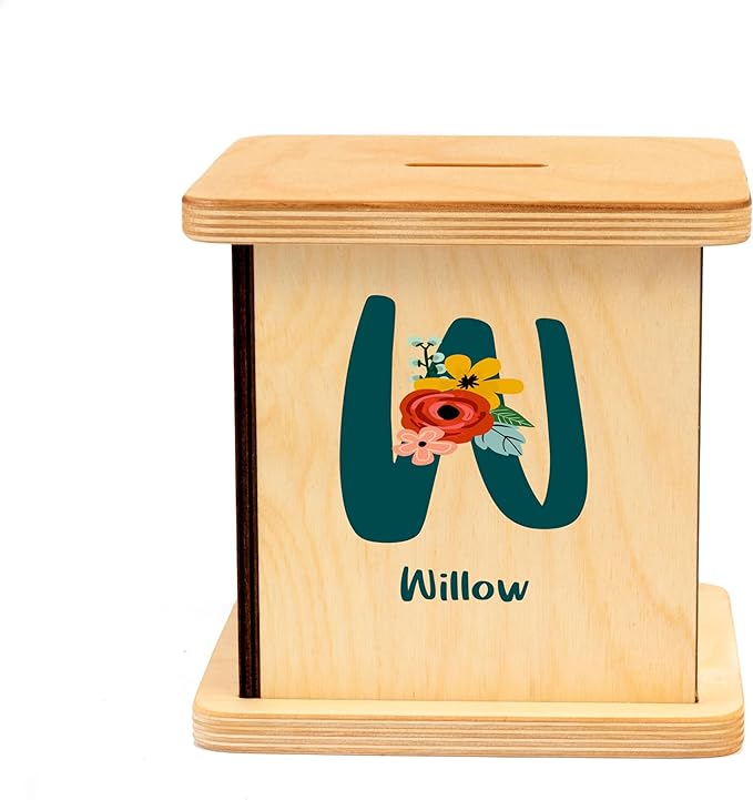 Wooden Piggy Bank for Kids and Adults, Personalized Gift Handmade in USA by BloomOwl, Custom Piggy Bank, Personalized Banks for Kids, Gifts for Baby Boys and Girls (Floral- Botanical)
