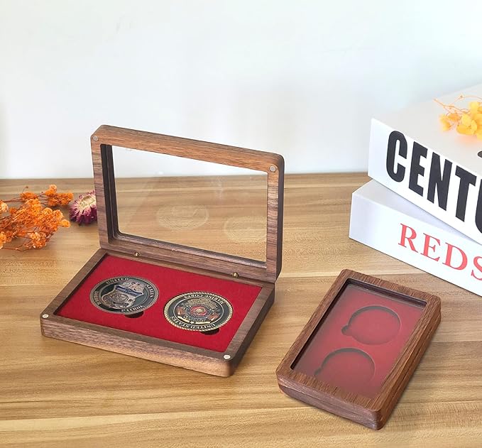 Challenge Coin Display Case Single Coin Display Box Two 1.81" Coin Holder Walnut Wood Coin Box Silver Dollar Coins Storage Box, Coins for Collectors with DIY Adjustable Gasket