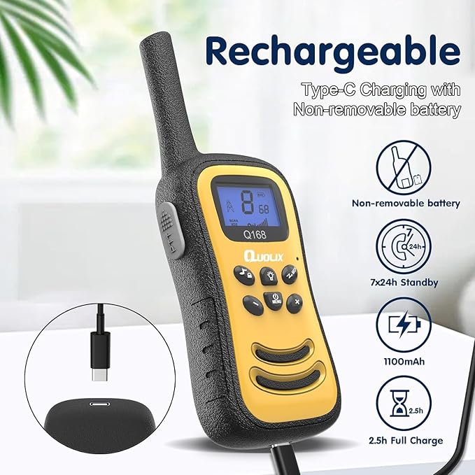 QUOLIX Walkie Talkies for Kids Rechargeable, Kids Walkie Talkie with Flashlight VOX Function, Great for Camping, Hiking, Outdoor Play, for Boys and Girls Ages 3 12. (2 Pack)