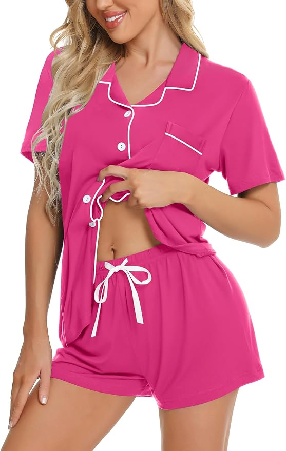 SWOMOG Womens Button Down Pajamas Set Short Sleeve Sleepwear Bride Soft Pj Lounge Sets XS-3XL