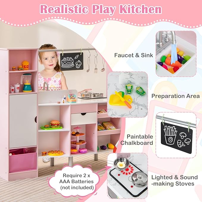 Costzon 2-in-1 Kids Kitchen Playset & Grocery Store, Double-Sided Pretend Play Kitchen with Light & Sound, Ice Maker, Sink & Faucet, 82 Accessories, Toddler Market Stand for Boys Girls Ages 3+