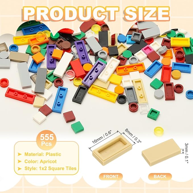 PATIKIL 555 Pcs Flat Blocks Bulk, 1x2 Square Apricot Classic Tiles Smooth Surface Mini Building Blocks Accessories Compatible Bricks Kits for Building Floor Walls Mosaic Pixel Arts