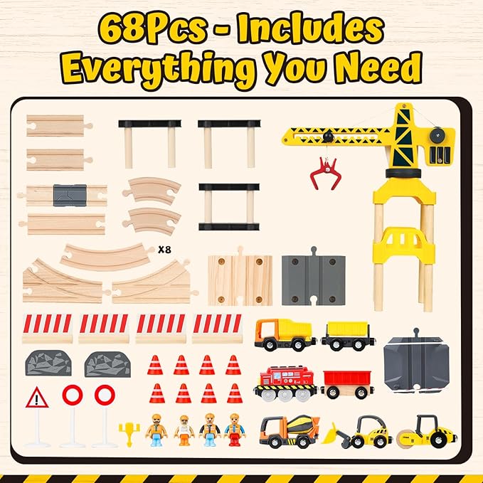 Lehoo Castle Wooden Train Set, Construction Toys Train Set for Toddlers 2-4, Wooden Train Track for Kids w/Crane, Railway Playset Toys for 3 Year Old Boys Girls
