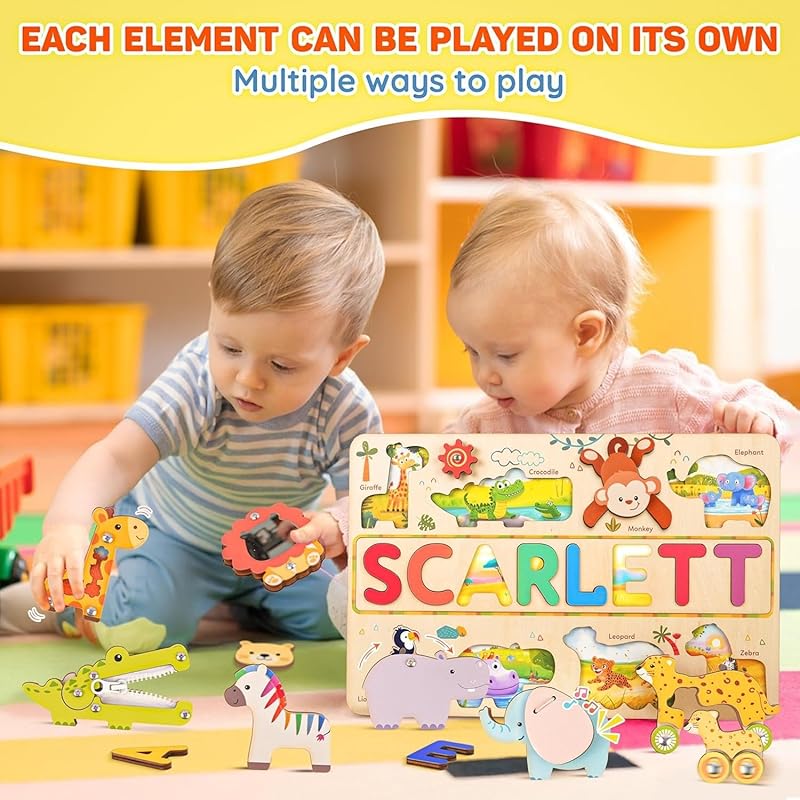 Personalized Wooden Name Puzzle for Toddlers 1-3 - Montessori Wooden Safari Sensory Toy with Jungle Animals, Custom Educational Learning Toys, Perfect Birthday Gift for Boys & Girls