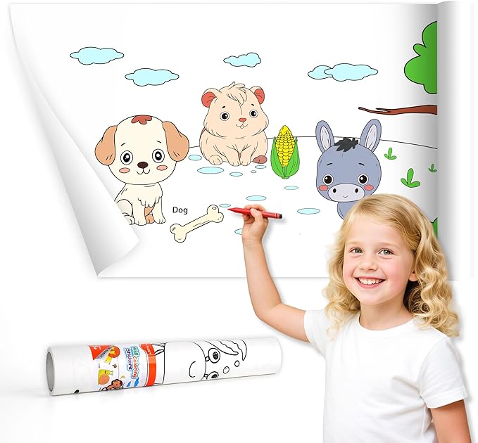 YPLUS Children Drawing Roll, Coloring Paper Roll for Kids, 120 x 11.8 Inch Sticky DIY Painting Drawing Paper Rolls for Toddler, Kids' Gift, Party Activities, Wall Coloring Paper Stickers - Animal