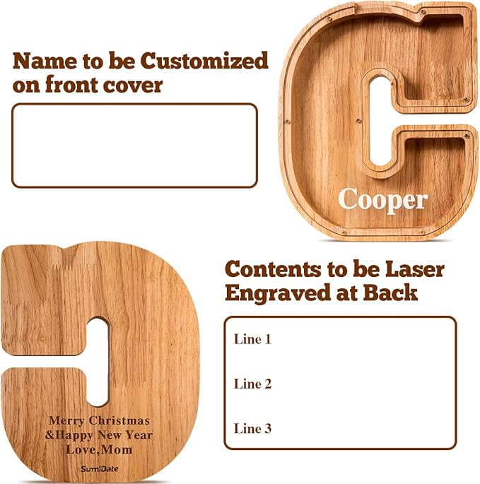 Summidate Customized Name Large Wooden Piggy Bank for Kids Boys Girls Alphabets Letter A-Z Coins Bills Money Change Bank Box Initial on Clear Cover (Laser Engraved) Educational Toys 9"- Letter C