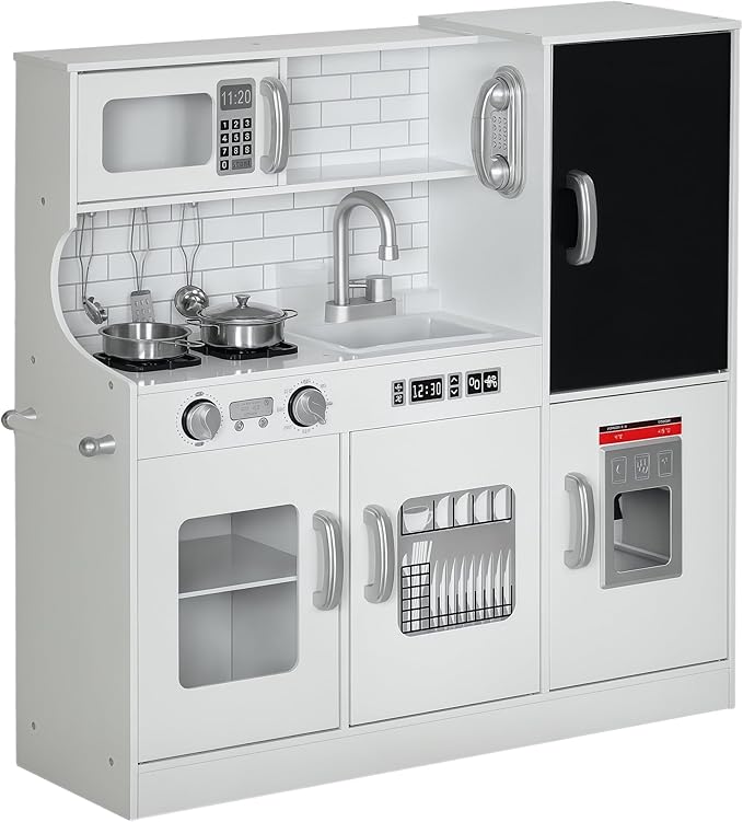 Qaba Kids Kitchen Playset - Pretend Play Toy Kitchen with Phone, Chalkboard, Towel Rack, Ice Maker, 5 Accessories, Storage Space, Microwave & Sink - Gift for 3-8 Years, White