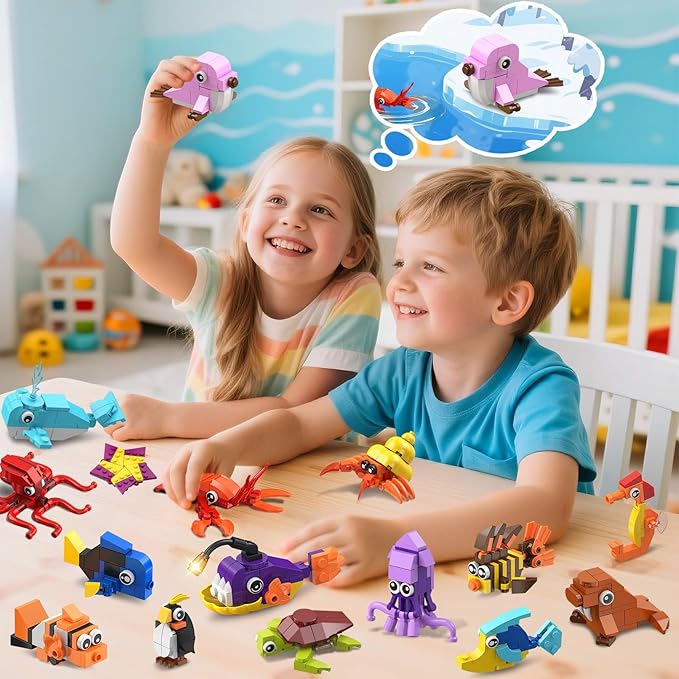 HOGOKIDS 30 Pack Animals Party Favors for Kids, 824PCS Mini Marine Animal Building Block Sets for Goodie Bags Filler Classroom Prizes, Easter Basket Stocking Stuffer Birthday for Boys Girls 6+