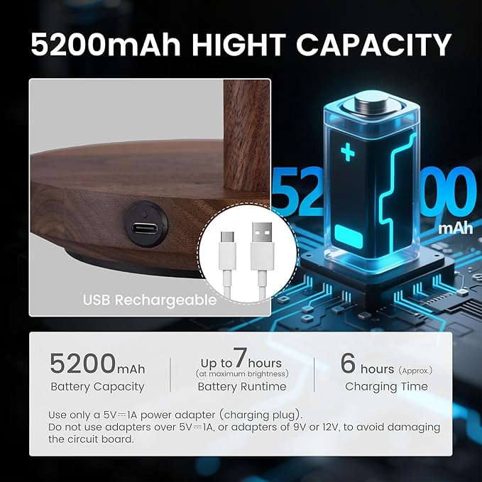 Cordless Table Lamp, Rechargeable Wooden Table Lamp with Touch Control & Adjustable Brightness, Cordless Decorative Bedside Lamp for Bedroom, Home Decor & Unique Gifts, Black Walnut