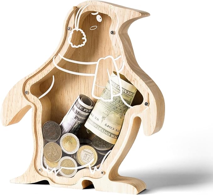 Wooden Penguin Piggy Banks for Kids Money Coin Bank, Cute Unbreakable Piggy Bank DIY Personalized Kids Safe Money Box with Stickers, Toddler Birthday Baptism Gifts for Girls Boys Penguin Lovers