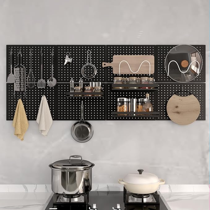 Peg Board,4 Pack Metal Pegboard Panels,Black Pegboard Wall Organizer,16"x12" Heavy Duty Peg Boards for Walls,Tools,Garage,Office,Kitchen