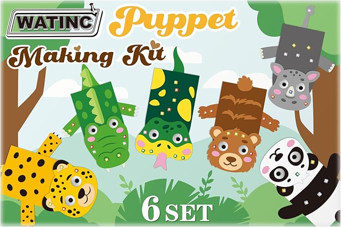 WATINC 6Pcs Hand Puppet Making Kit, Art Craft Felt Sock Puppet Toys, Creative DIY Make Your Own Pompoms Wiggle Googly Eyes Storytelling Role Play Party Supplies Gift for Girls Boys (Wild Animals B)