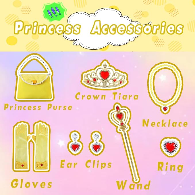 Princess Cape Set for Little Girl, 11PCS Princess Dress Up Clothes Cape Clock with Skirt for Girl 3-8 Birthday Gift
