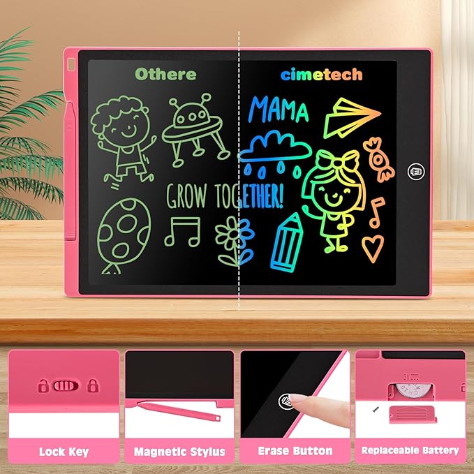 Cimetech LCD Writing Tablet 12 Inch, No Mess Coloring Books for Toddlers 1-3, Doodle Board Drawing Pad Boy Girl Gift, Road Trip Activities, Reusable Educational Travel Toys (Pink)